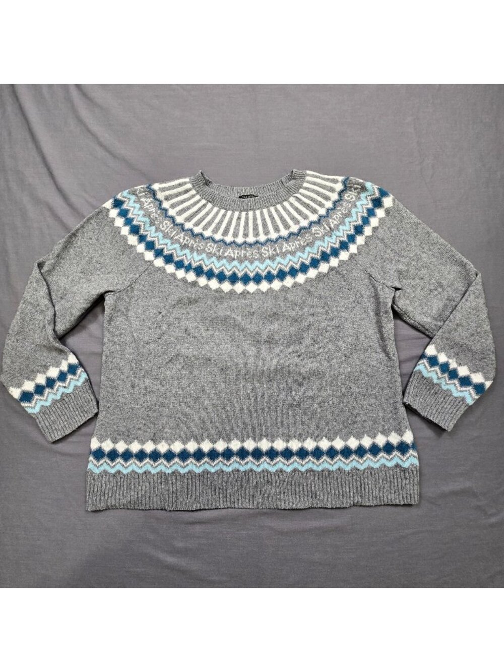 Talbots XLP Petite Sweater Gray Nordic Fair Isle Knit Wool Blend Crewneck